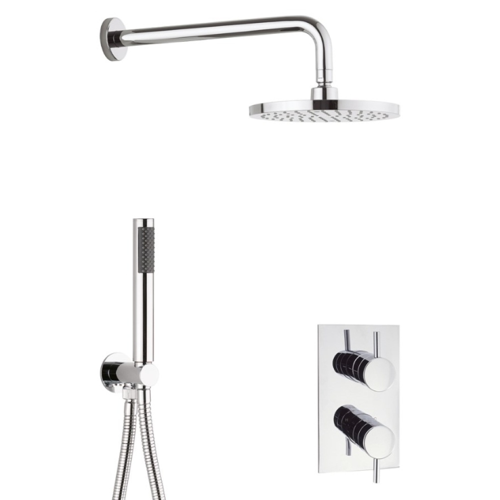 Product Cut out image of the Crosswater Kai Lever 2 Outlet Shower Bundle, including a shower head, handset shower and thermostatic shower valve